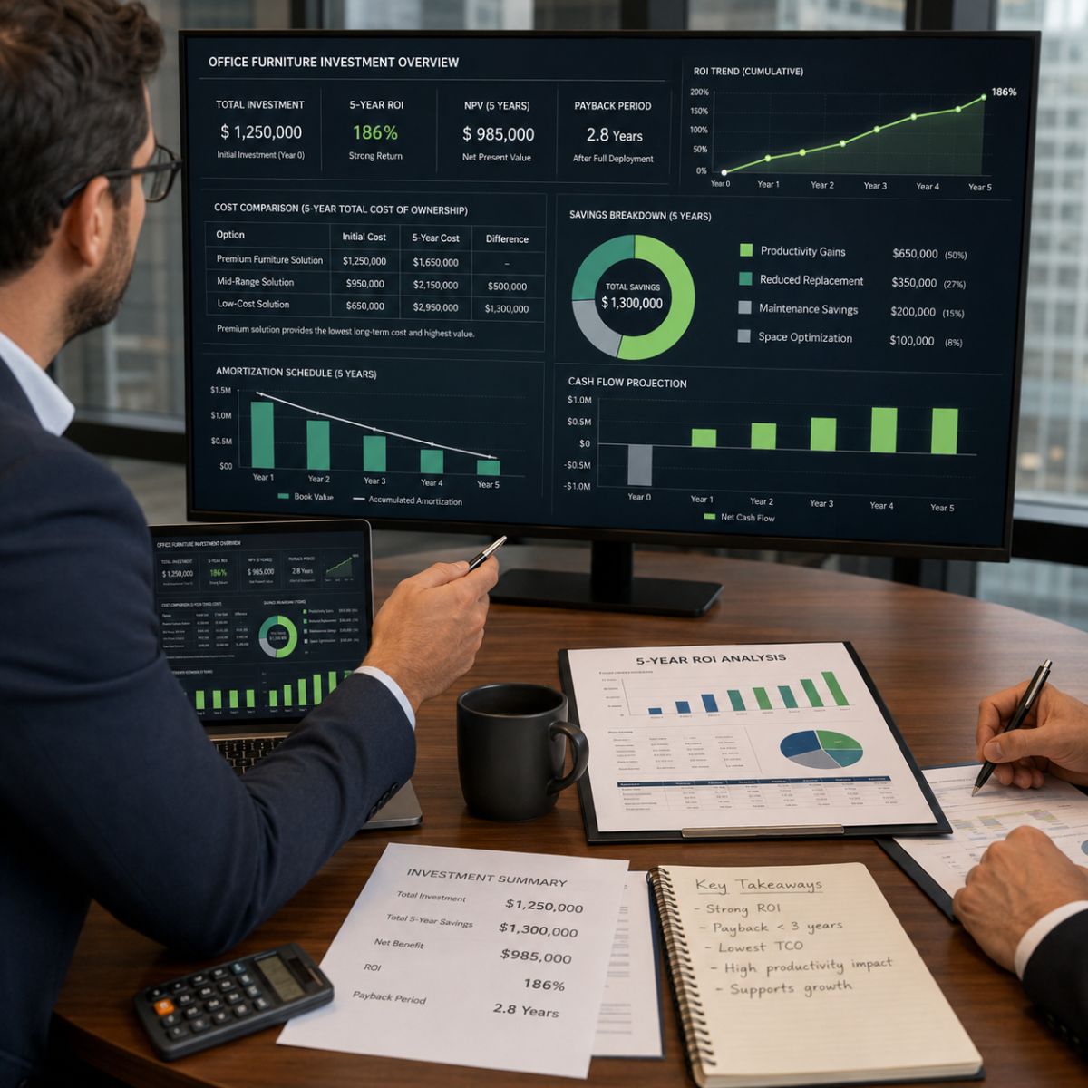 cálculo del ROI del mobiliario de oficina con gráficos de rentabilidad